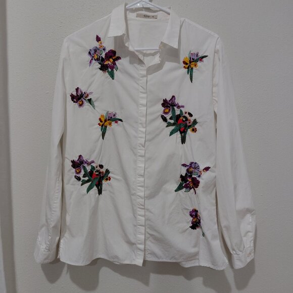 Etro Embroidered Beaded Blouse Floral Cotton Button Up Size 48 Made In Italy - Picture 2 of 12